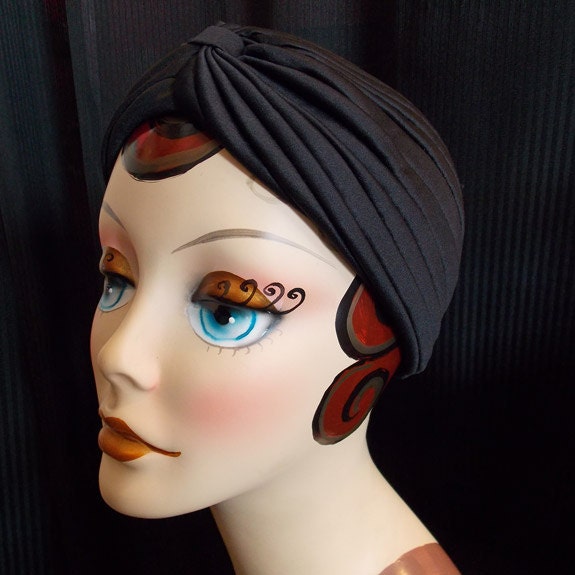 Black, Vintage Style Turban, Retro Sun Bathing Cap