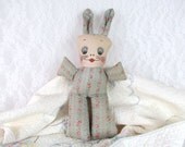 Retro Bunny Stuffed Animal Adorable Toy Vintage Plush Toy Rabbit Flower Print in Blue and Pink