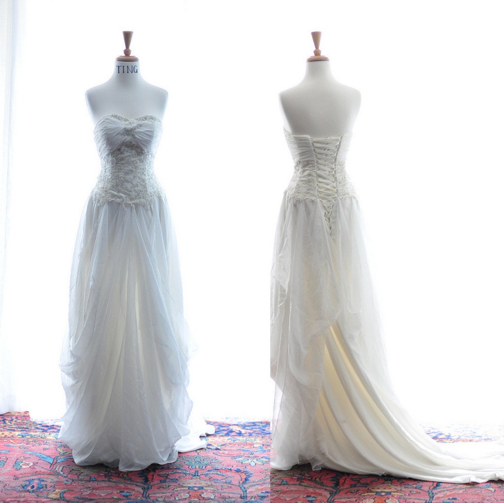 Sample Sale-City Beach Bride-Elegant  floor length beaded lace and chiffon wedding dress gown-SIZE XS