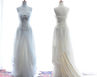 Sample Sale-City Beach Bride-Elegant  floor length beaded lace and chiffon wedding dress gown-SIZE XS