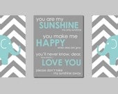 Modern Nursery Teal and Gray Prints  - Elephant Chevron Silhouettes and You are my Sunshine- Art for Nursery - Set of three 8"x10" prints