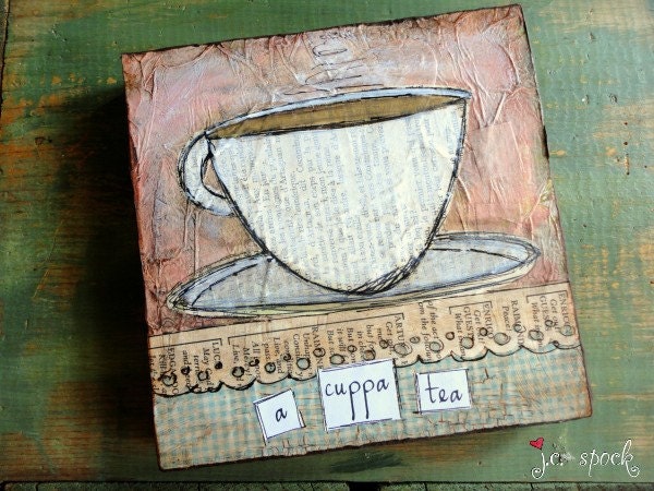 Original Art Painting: A cuppa tea 6x6 Original Mixed Media Art, Folk Art Painting, Whimsical Art, Coffee Art, OOAK, 6x6" (15.2cm)