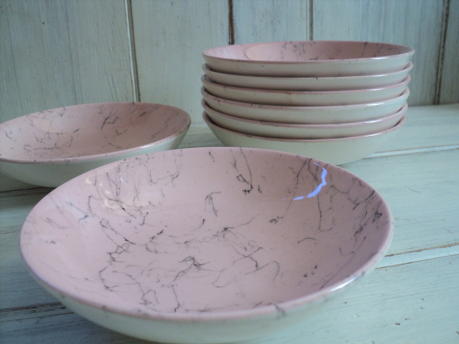 set of 12 midcentury Blue Ridge pink spiderweb fruit dessert bowls