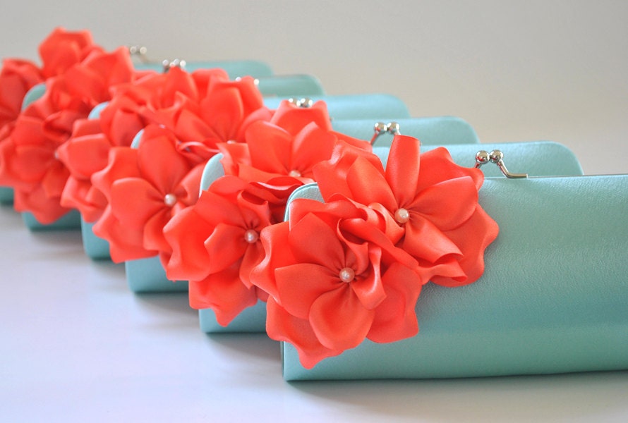 Set of 6 Small Bridesmaids clutches / Wedding clutch - Light Blue - Coral - CUSTOM COLOR