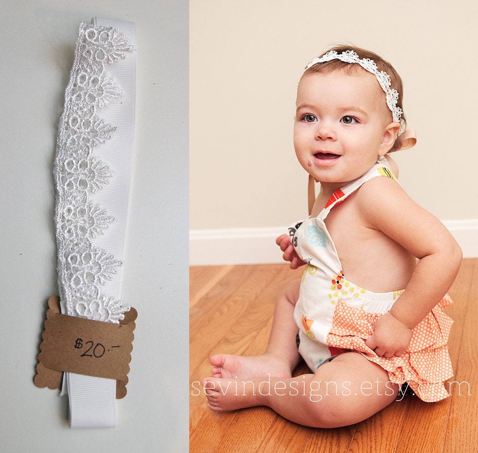 White Lace Headband with White Ribbon Tieback -- One size fits newborn, baby, toddler, child, teen, adult