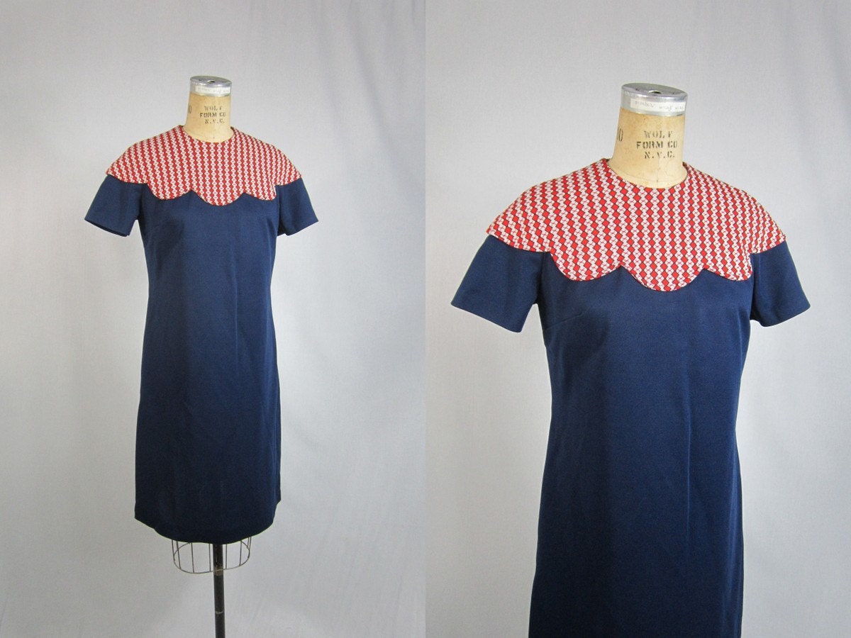 60s Navy Shift Dress . Sweet Madeline Red Diamond Bib . Medium Large
