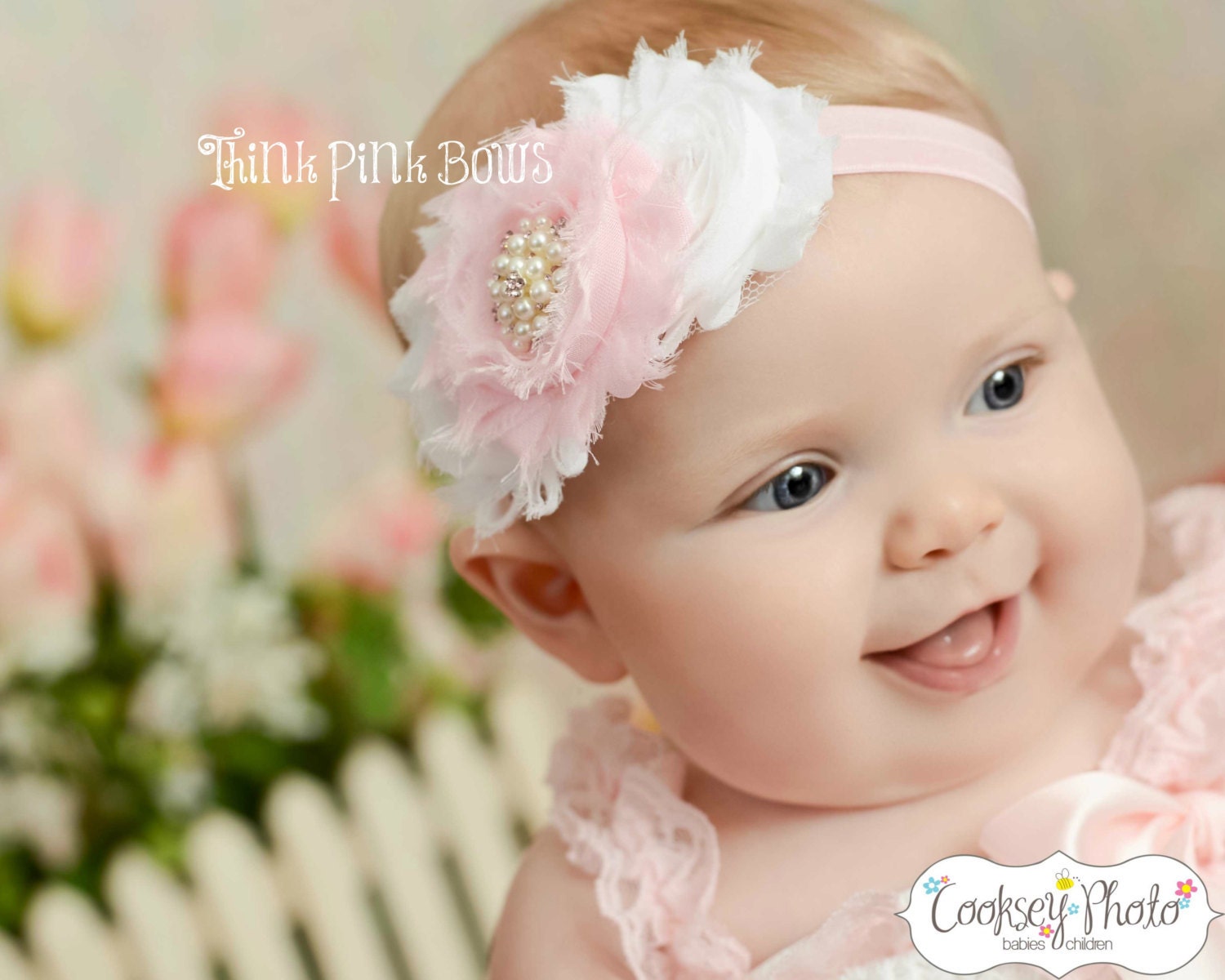 Baby Headbad, Pink and White Shabby Chic Baby Headband, Baby Girl Headband, Newborn Headband, Flower Headband, Baby Bows