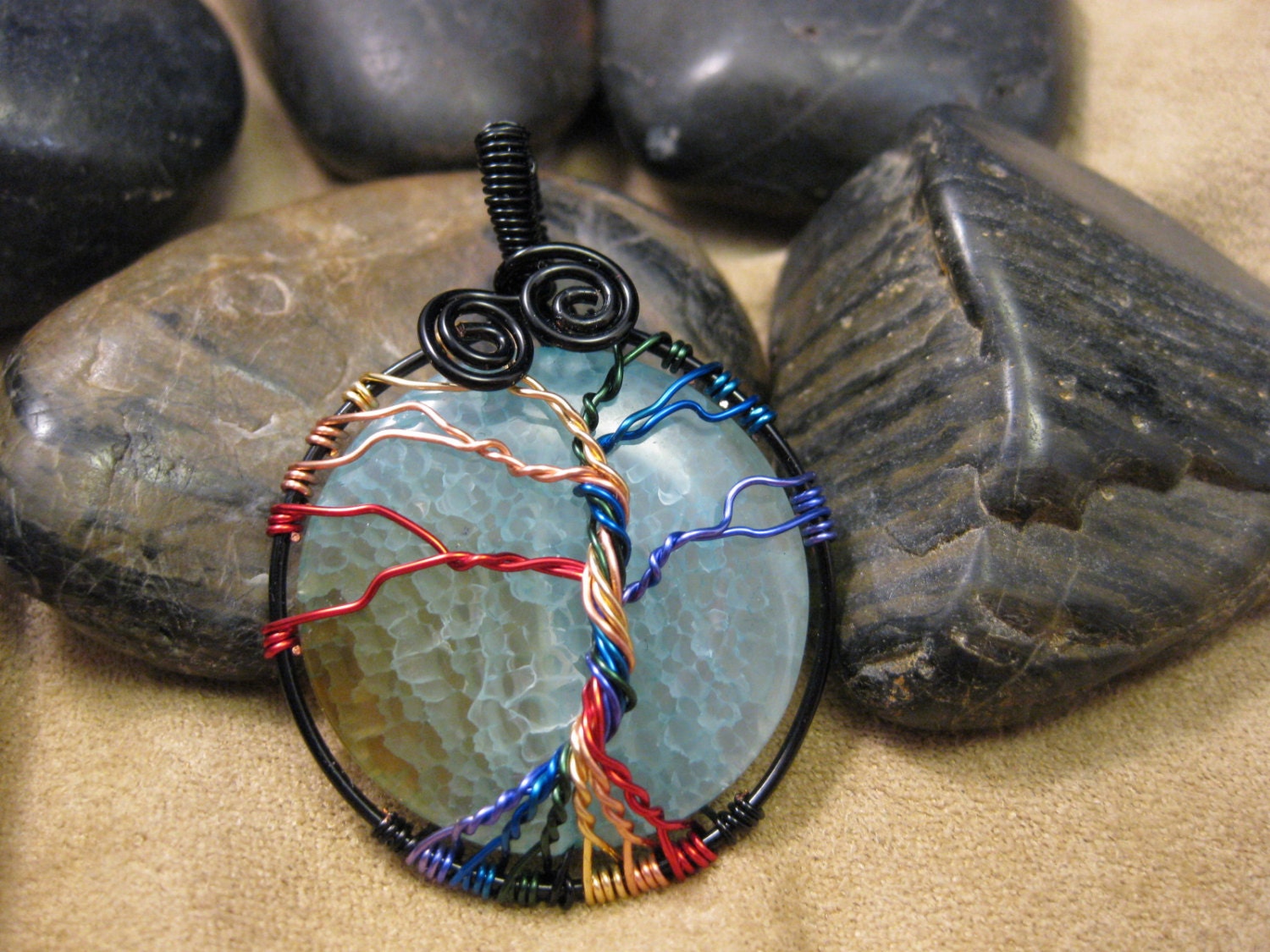 Tree of Life wire wrapped pendant with Blue Agate