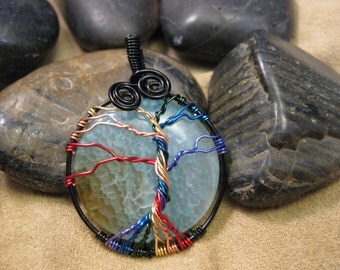 Tree of Life wire wrapped pendant with Blue Agate