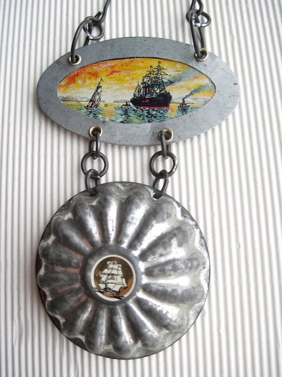 Into the Sunset-Mixed Recycled Tin Necklace- Statement Travelers Necklace-Sailing Ships