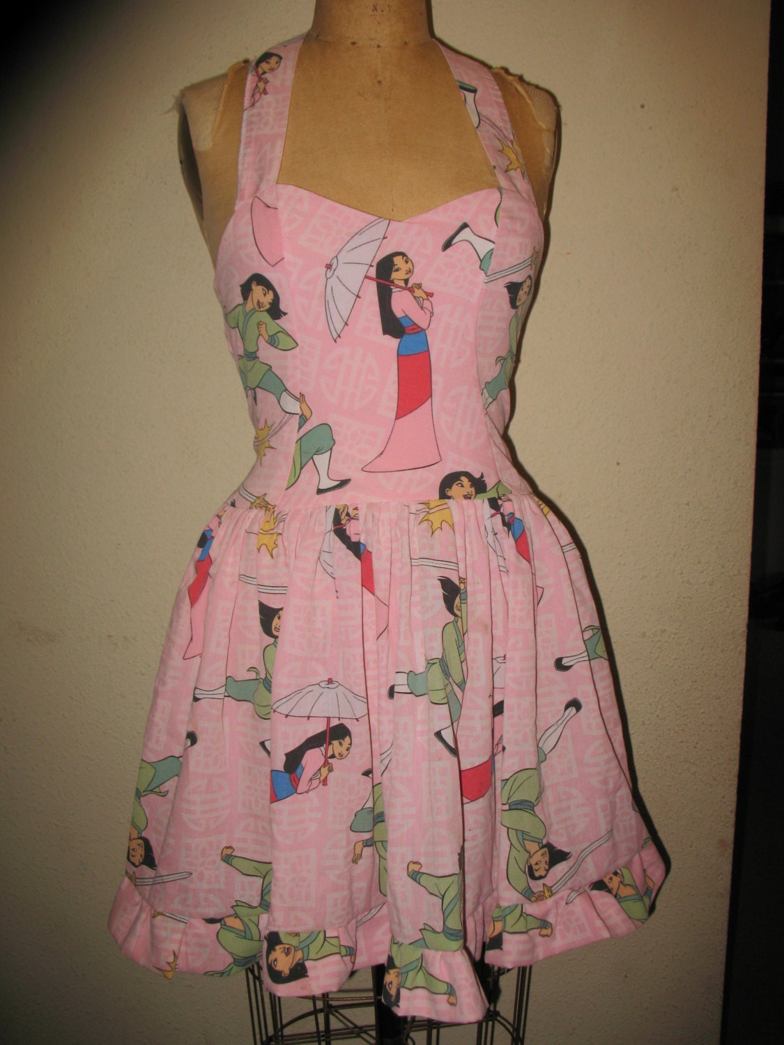 Custom Made to Order Mulan Warrior Princess Geekery Character Movie Pin up SweetHeart Ruffled Halter Mini Dress