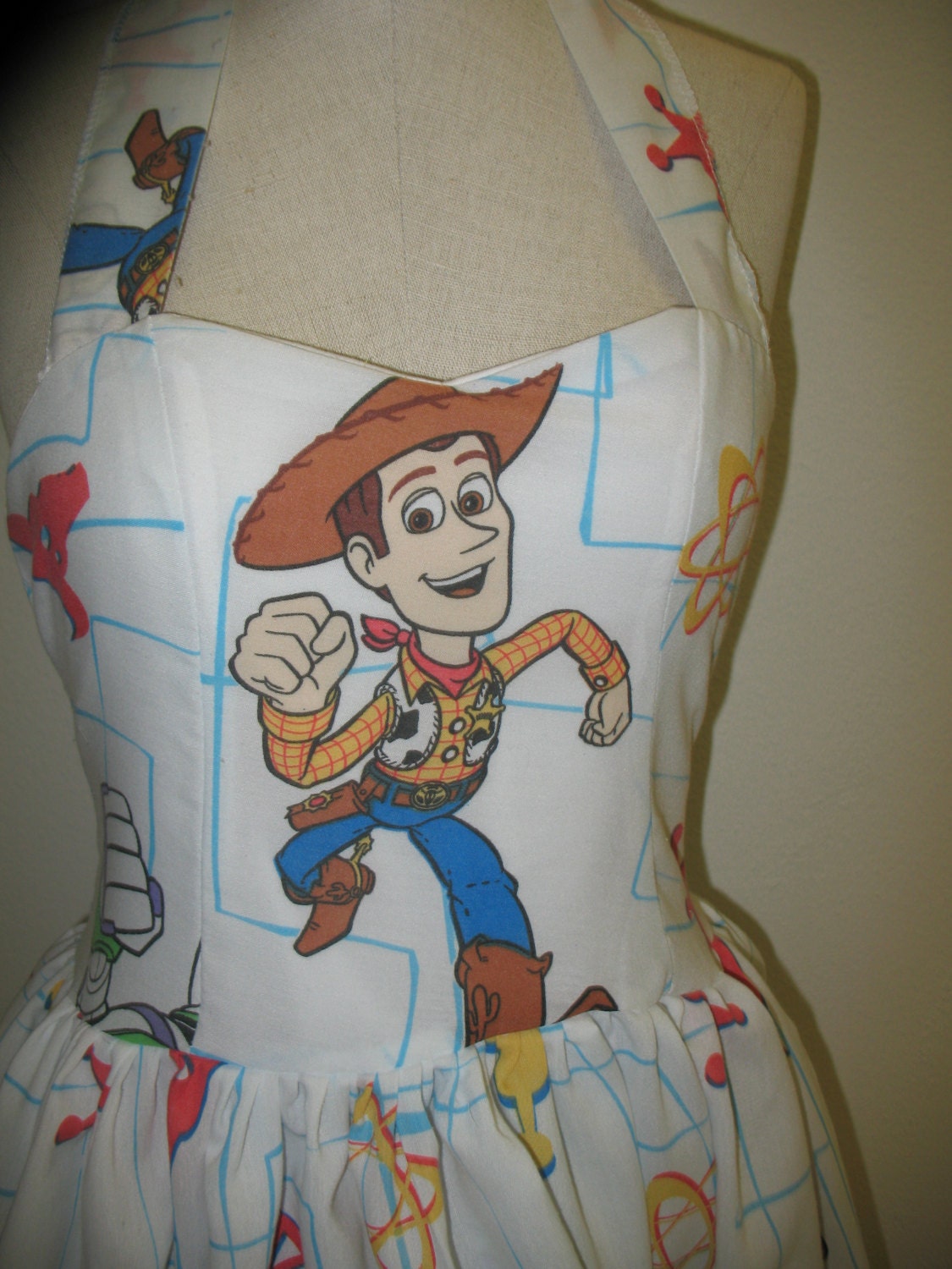 Custom Made to Order Toy Story Woody Buzz Upcycled Geekery Pin up SweetHeart Ruffled Halter Mini Dress
