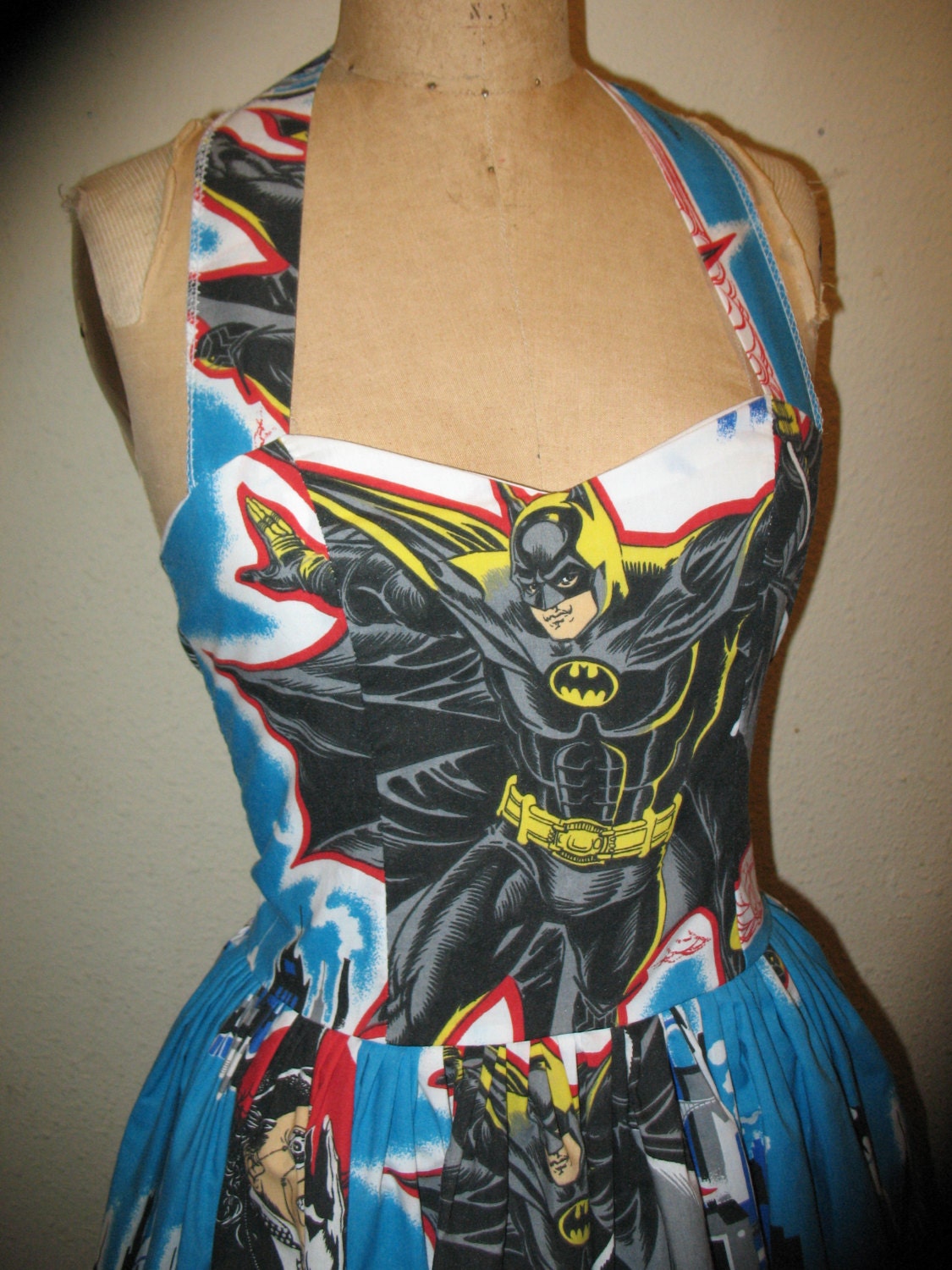 Custom Made to Order Dark Knight Batman and Penguin SweetHeart Geekery Pin Up Halter Ruffled MIni Dress