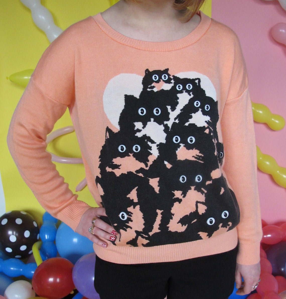 Peach Heart Kitty Sweater. S