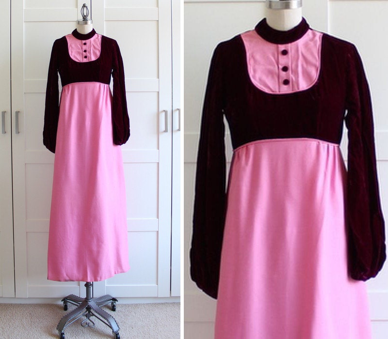 Vintage Mod Maxi Dress / Pink Colorblock Dress / 1960s Hostess Dress / Long Sleeve Velvet Dress / size Medium Large