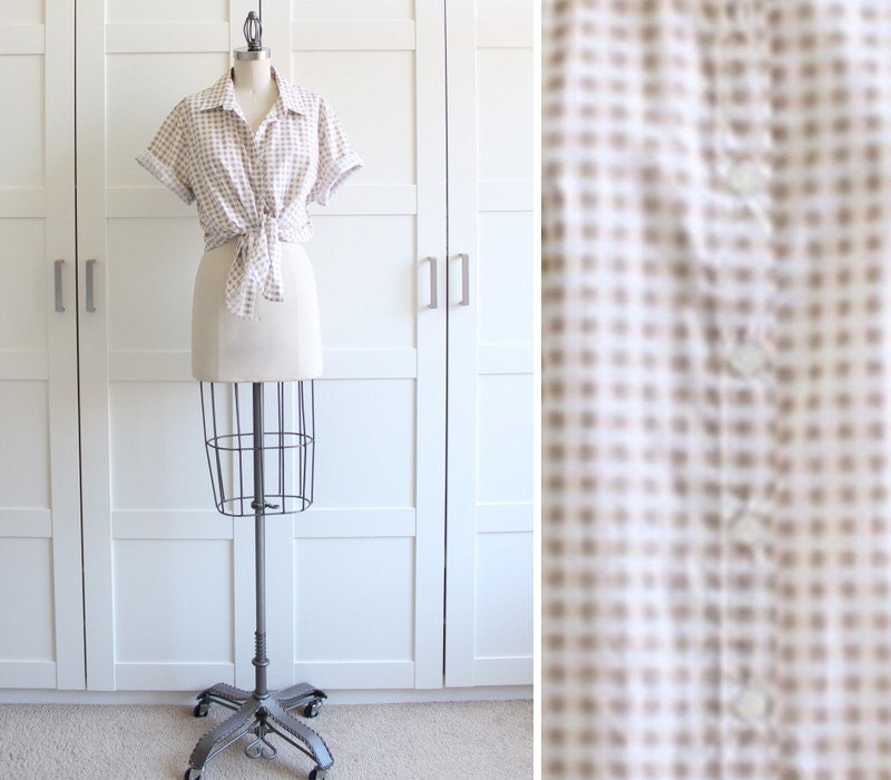 Vintage Gingham Shirt / Tan Button Up Shirt / 50s 1950s Shirt / Button Down Shirt / size Large XL