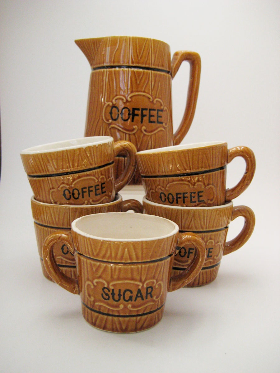 Items similar to Vintage Ceramic Coffee Set Pot Cups Sugar Wood Grain