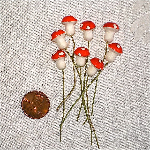 Mushrooms, Vintage, Picks, Floral Supplies, 8 picks,Spun Cotton, Red Mushrooms, 1950s