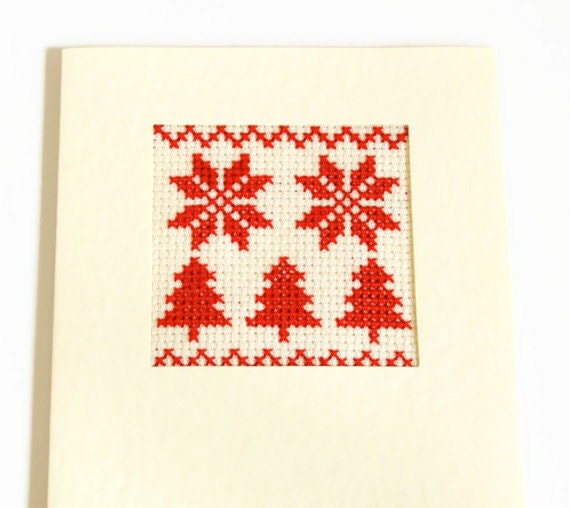 Fair Isle Cross Stitch Card Red Christmas Card by The Candy Tree