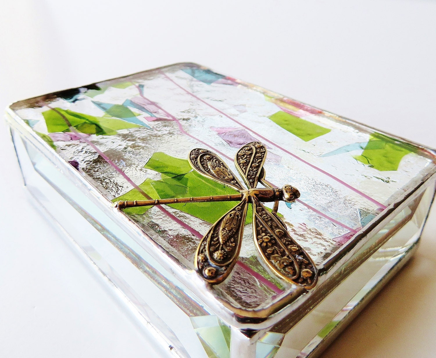 Stained Glass Jewelry Box Purple Blue Green Confetti 3x4 Gold-tone Floral-stamped Dragonfly Graduation Gift Wedding Gift