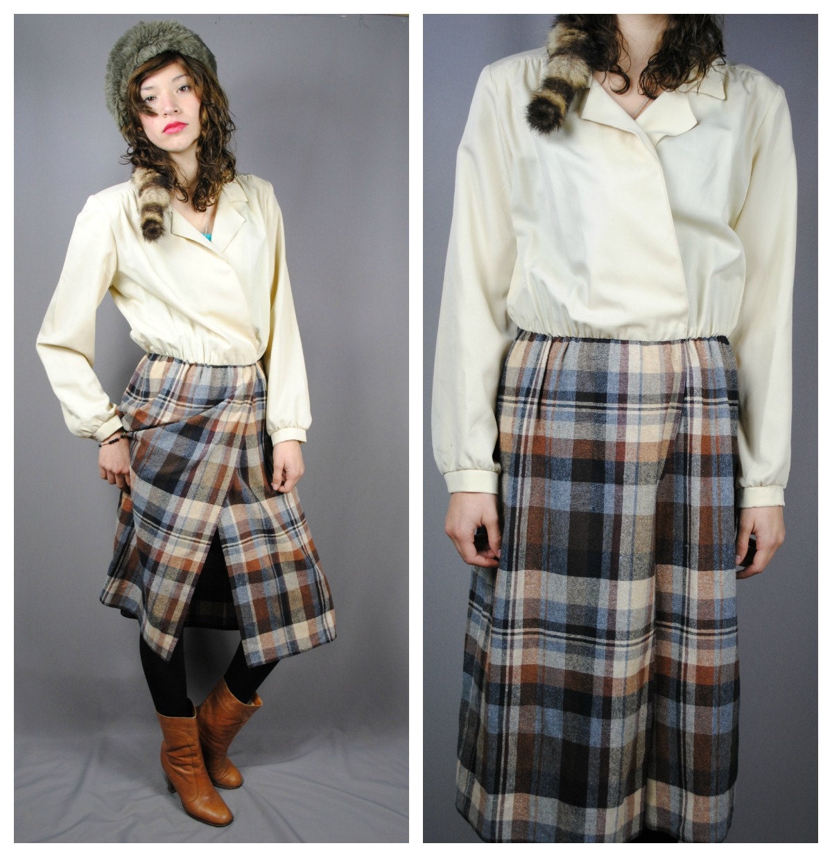 60s Wool Skirt Crossover Secretary DRESS (L)