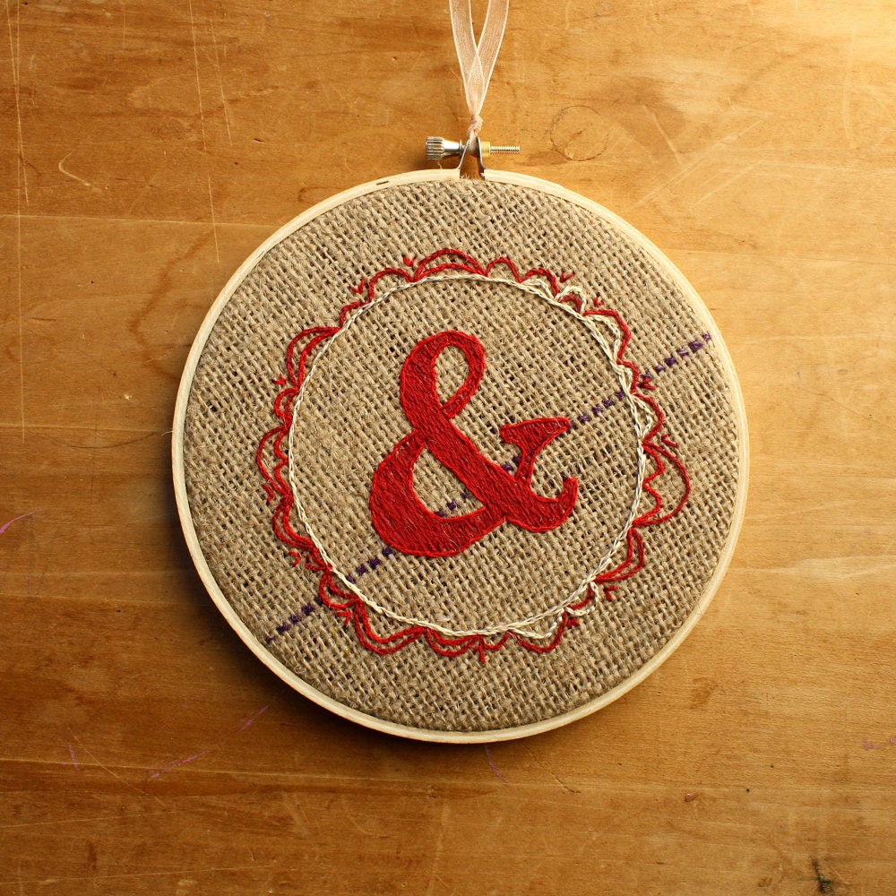 Red Ampersand Embroidery Hoop, &, cute rustic handmade wall art, Valentines Day