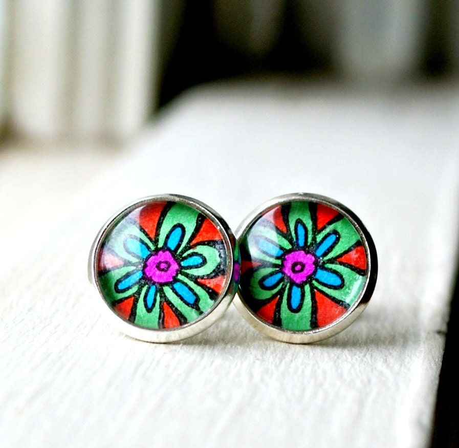 spring posies colorful silver plated flower post earrings