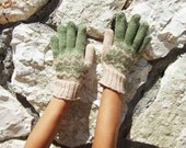 Fair Isle Star Gloves in Green and Creamy Beige made in all natural wool / alpaca / silk