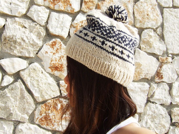 Cream and Navy Blue Beanie in Fair Isle Star Pattern made in 100% Wool "Very Soft and Warm" with pom pom