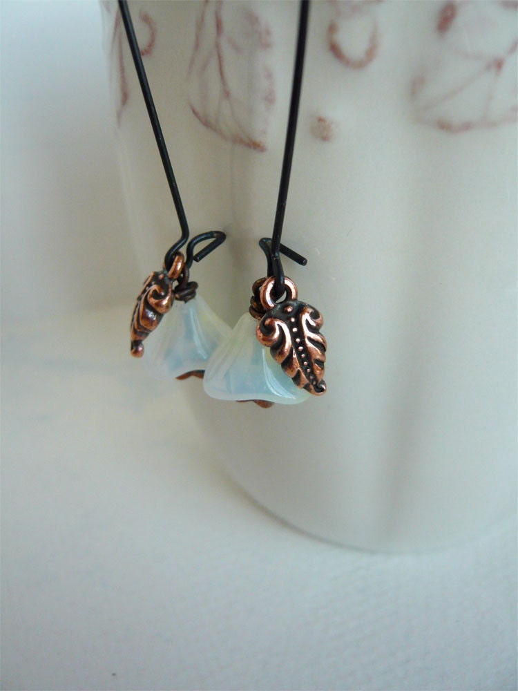Long Copper Leaf Dangle Earrings - Czech Glass Flowers - Floral Earrings - Everyday Jewelry