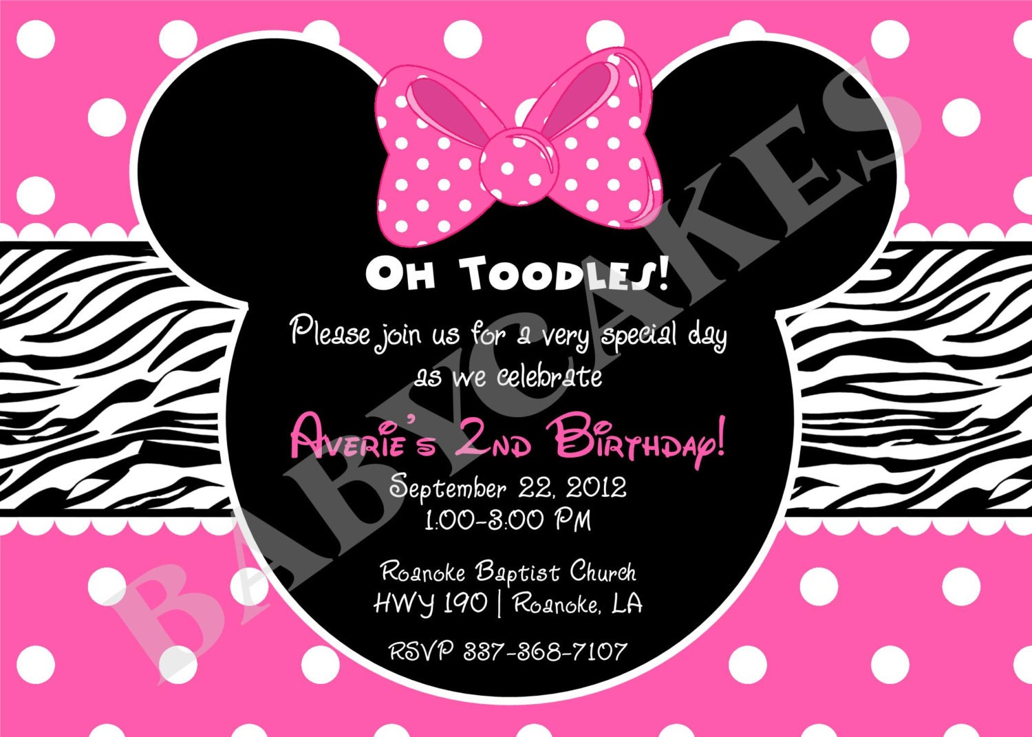 Minnie Mouse Zebra Print Birthday Invitation - DIY Print Your Own - Matching Party Printables Available