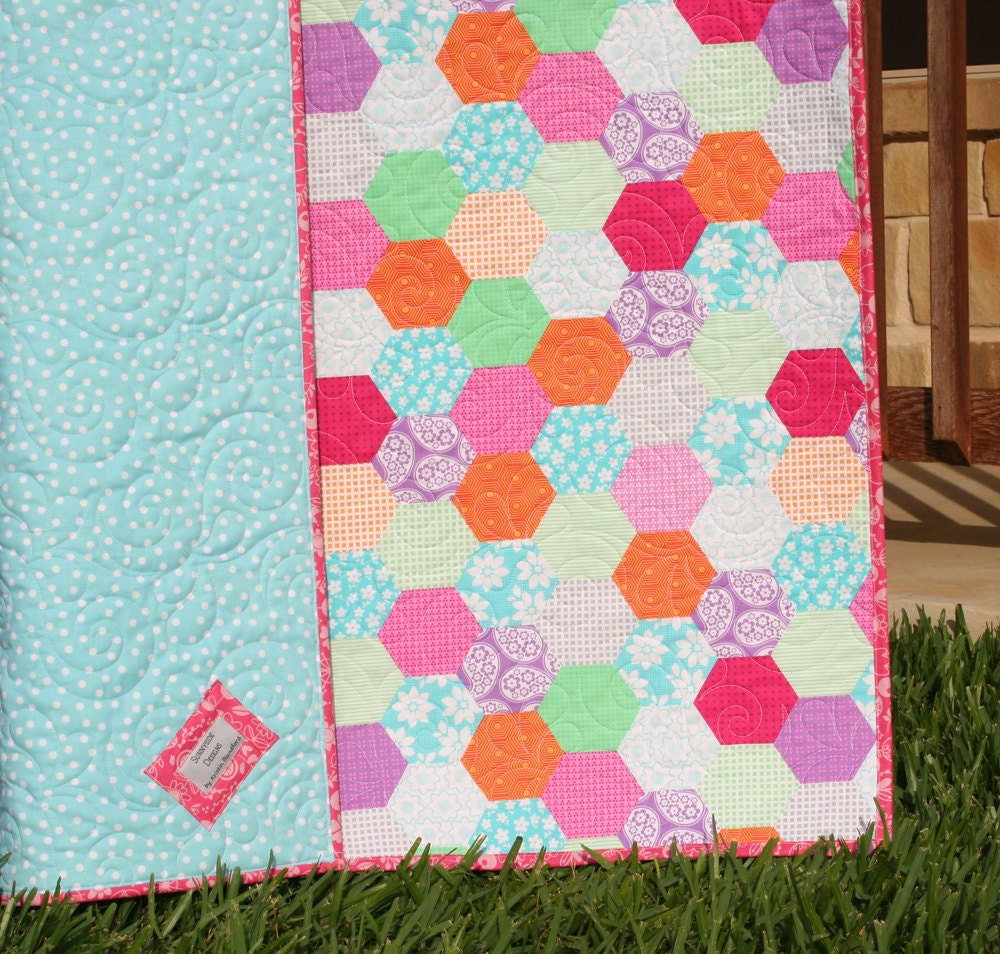 Hexagon Baby Girl Quilt Bright Flowers Pink Orange Purple Paisley