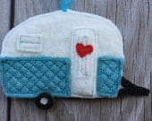 Camper Love - recycled felted wool - rear-view mirror ornament, gift tag, tree ornament, decoration