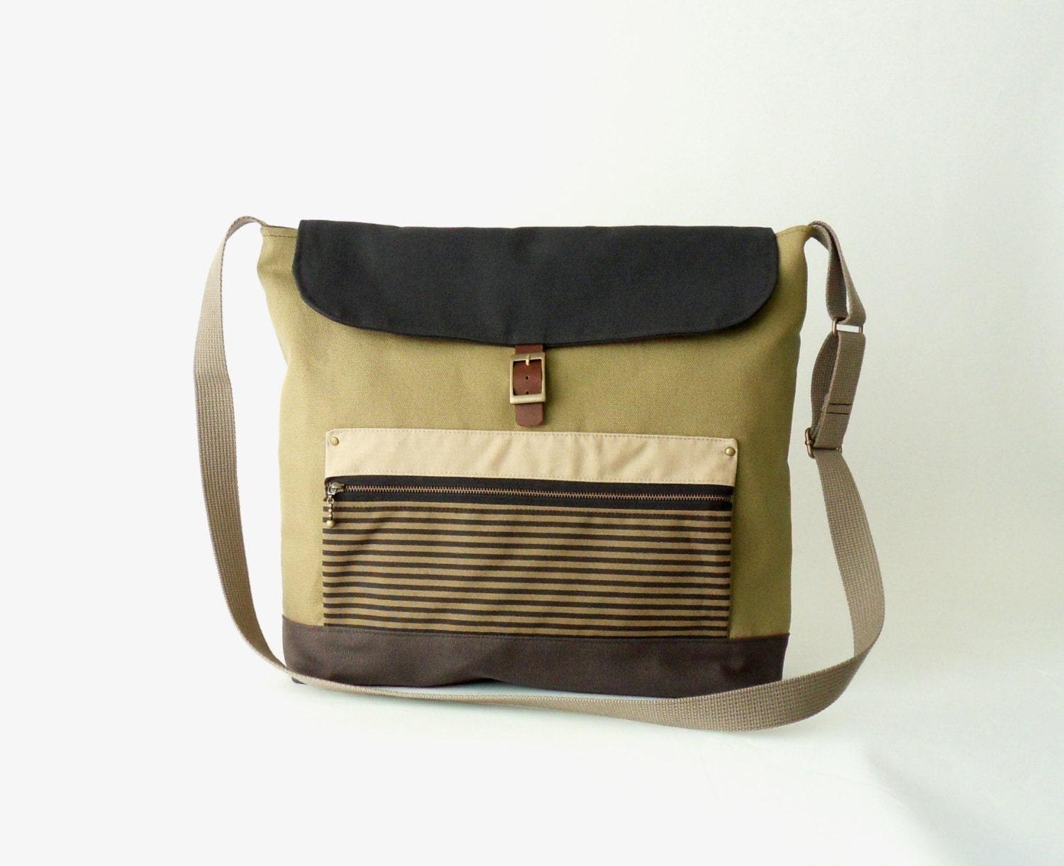 UniSex, Olive Green canvas Messenger / satchel / laptop bag  / diaper bag / leather closure / front zip pocket - Design by BagyBags