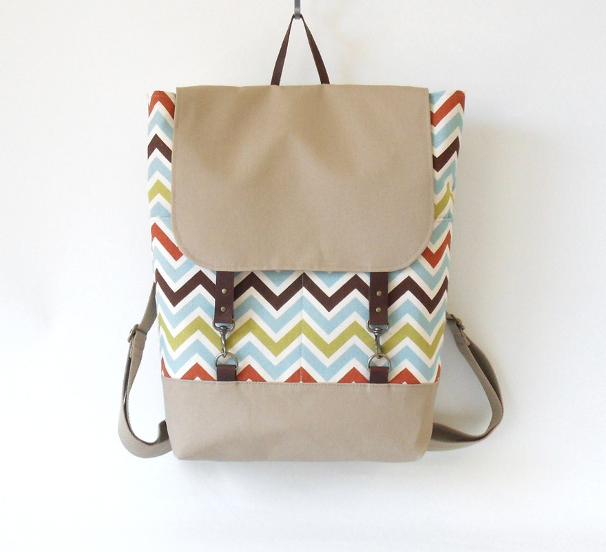 Multi color zigzag / chevron  Backpack , laptop bag, diaper bag with leather closure and 2 front pockets, Design by BagyBags