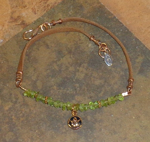 Bronze Lotus Flower Charm Yoga Anklet With Peridot & Suede