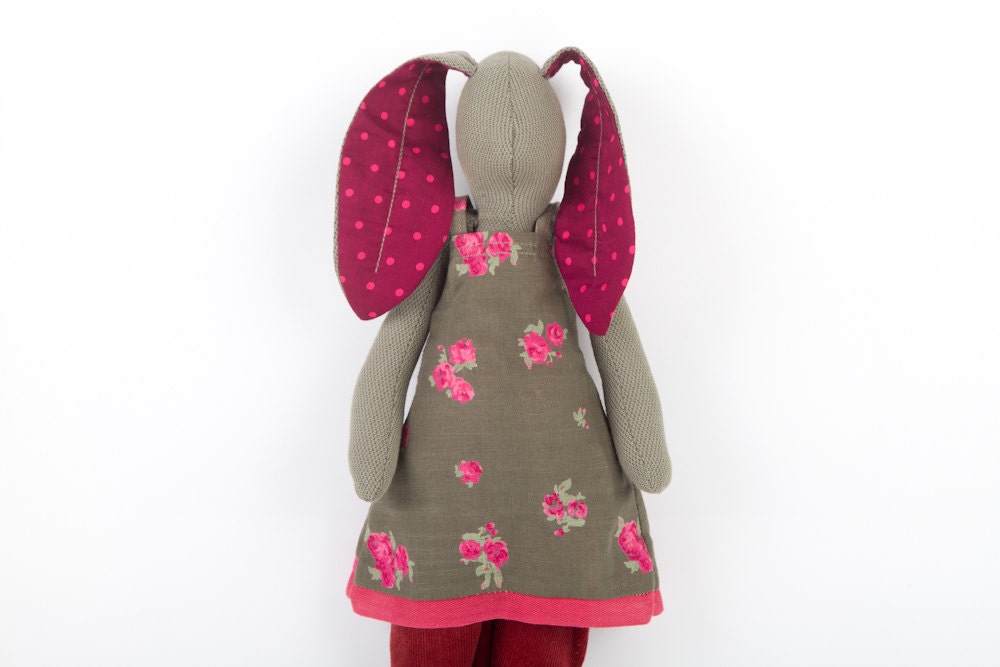 Softie olive  gray bunny doll with dotted  Ears wearing  dress with pink roses and burgundy corduroy - handmade Eco Stuffed fabric Doll