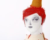 Art doll, OOAK, fashion doll, Collage doll -  Redhead lady With golden orange pointed hat  Wearing scissors - timohandmade cloth doll