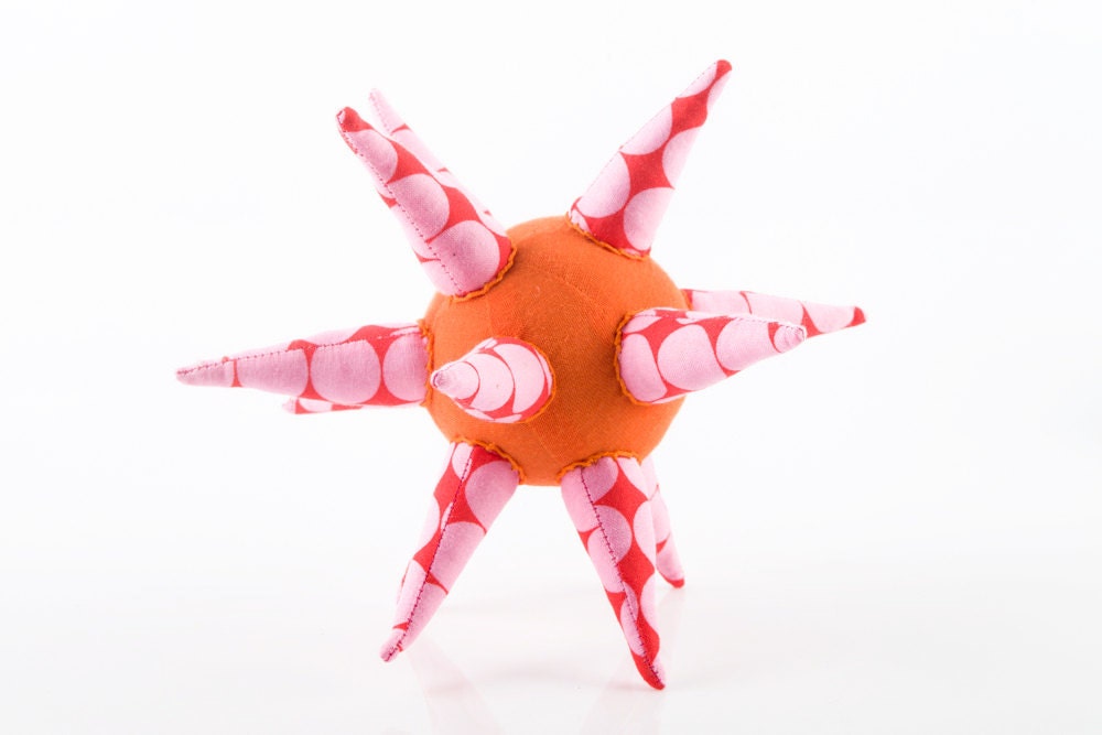 Ooak Sensory Ball - geometric Modern eco toy- Teething Star - orange ball in red pink  polka dots Soft spokes -timohandmade