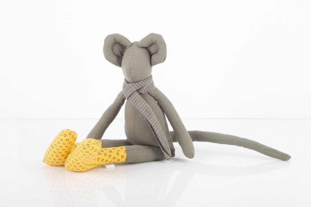 Spring city  Mouse doll - olive green  Mouse Wearing yellow dotted socks ,Gray striped scarf - timo handmade fabric doll