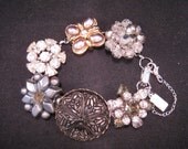 Bridesmaid Gift, Upcycled Earring Bracelet, Statement, Vintage, Silver, Rhinestone, Pearl, Grey, OOAK, Under 40 - Stardust