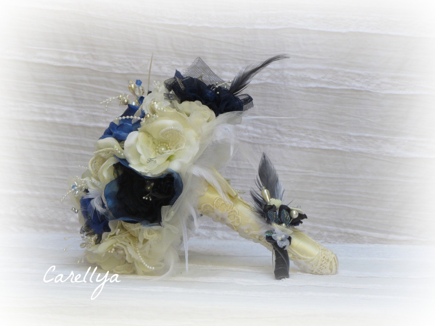 Brooch Bridal Feather Bouquet Ivory Sapphire Blue and Royal blue Fabric Bouquet - Jessica