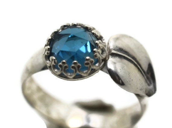 London Blue Ring, Sterling Silver Leaf Ring, Handforged Cocktail Ring, Blue Topaz Gemstone