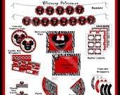 INSTANT DOWNLOAD - 50% off - DIY Printable Minnie Mouse Inspired Zebra Birthday Package  - Red