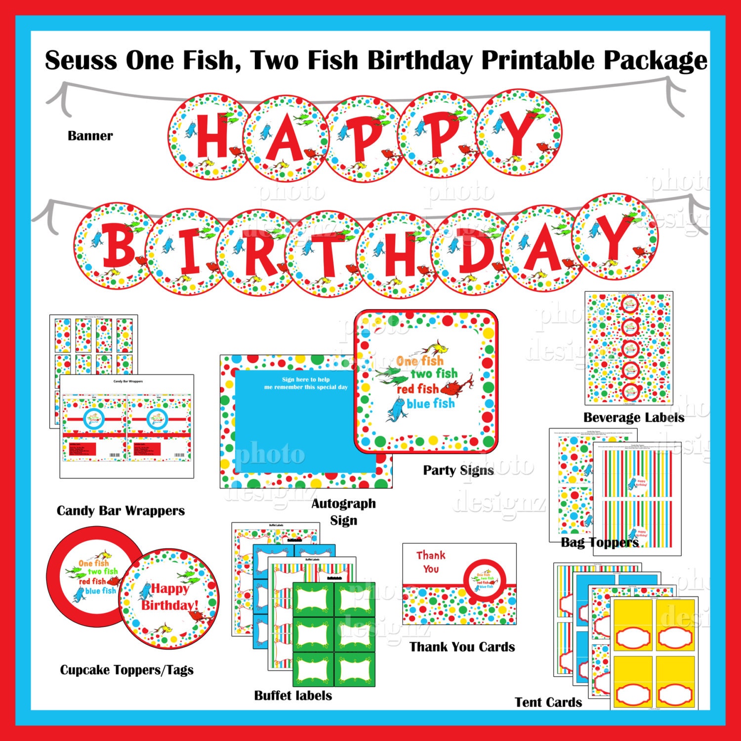 INSTANT  DOWNLOAD - 50% off - DIY Printable Dr. Seuss One Fish, Two Fish Birthday Party Printable Package