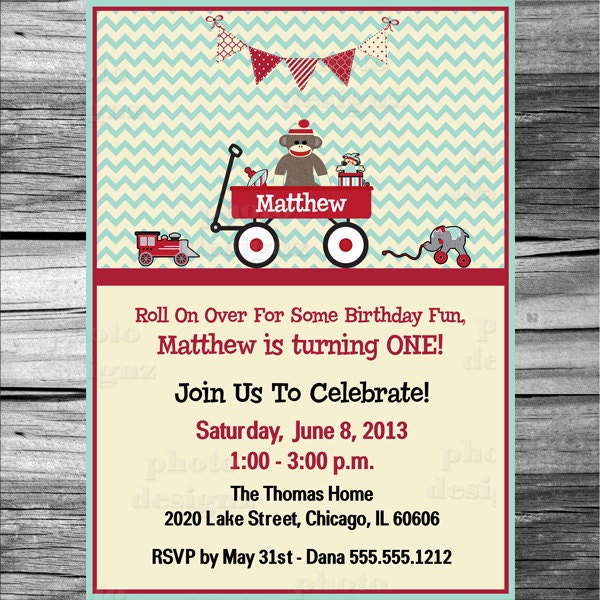 Red Wagon Vintage Toys, Sock Monkey  Birthday Party Invitation, PRINTABLE INVITATION DESIGN, Red, Blue