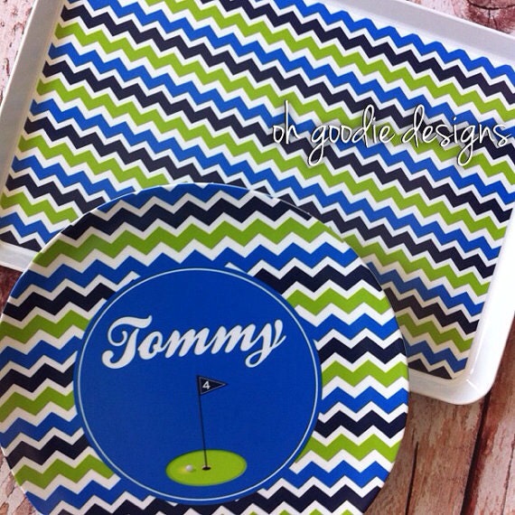 Navy and Lime Green Chevron Golf melamine plate Il_170x135