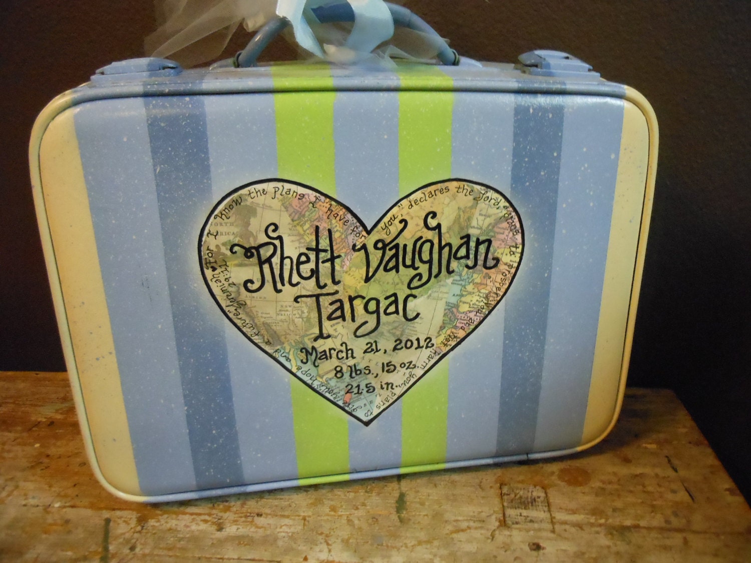 Vintage Suitcase painted with a Travel theme/ Happy Birthday, Baby on a Vintage Treasures Suitcase Custom order