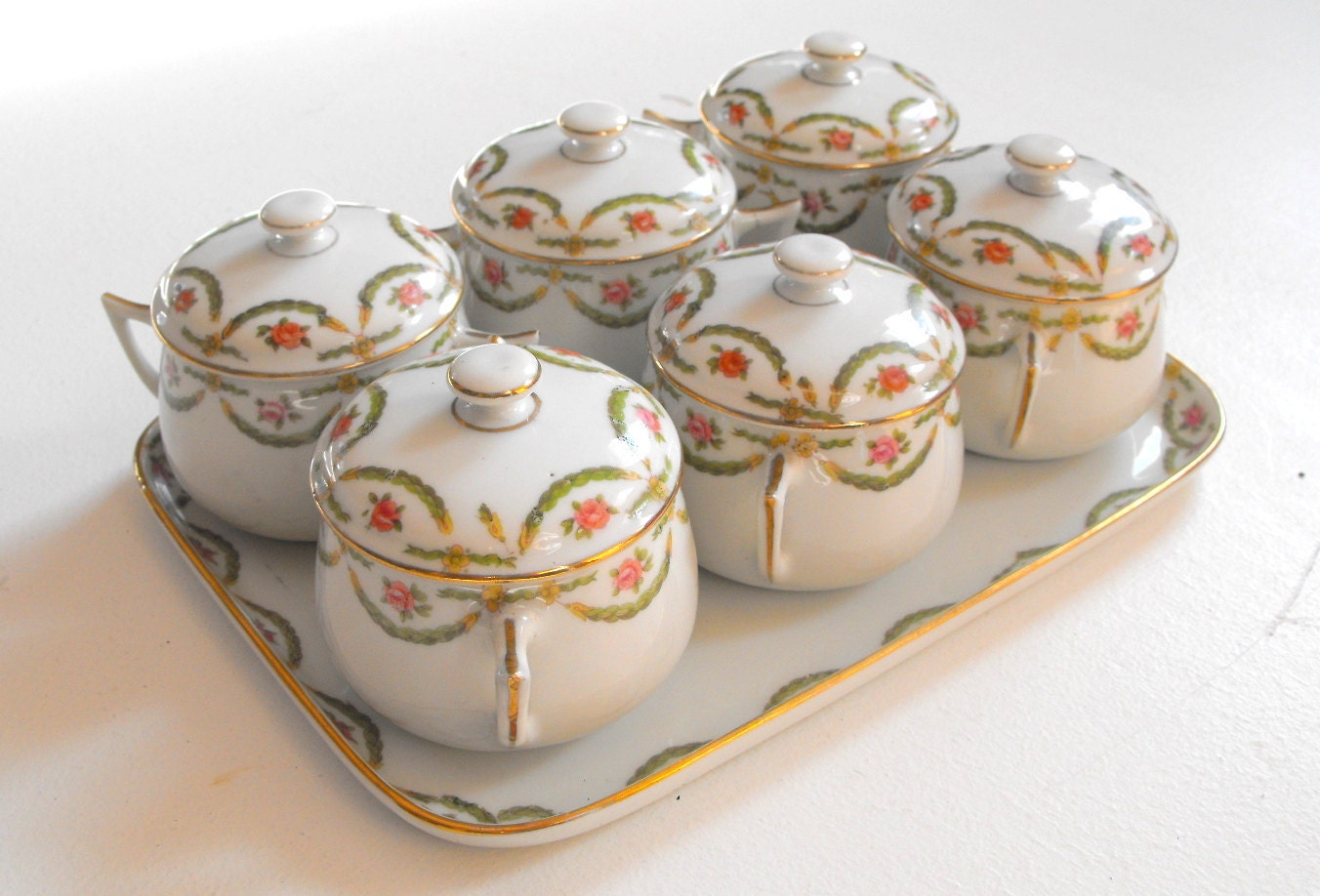 6 Vintage Limoges Chocolate Pots on a little Tray