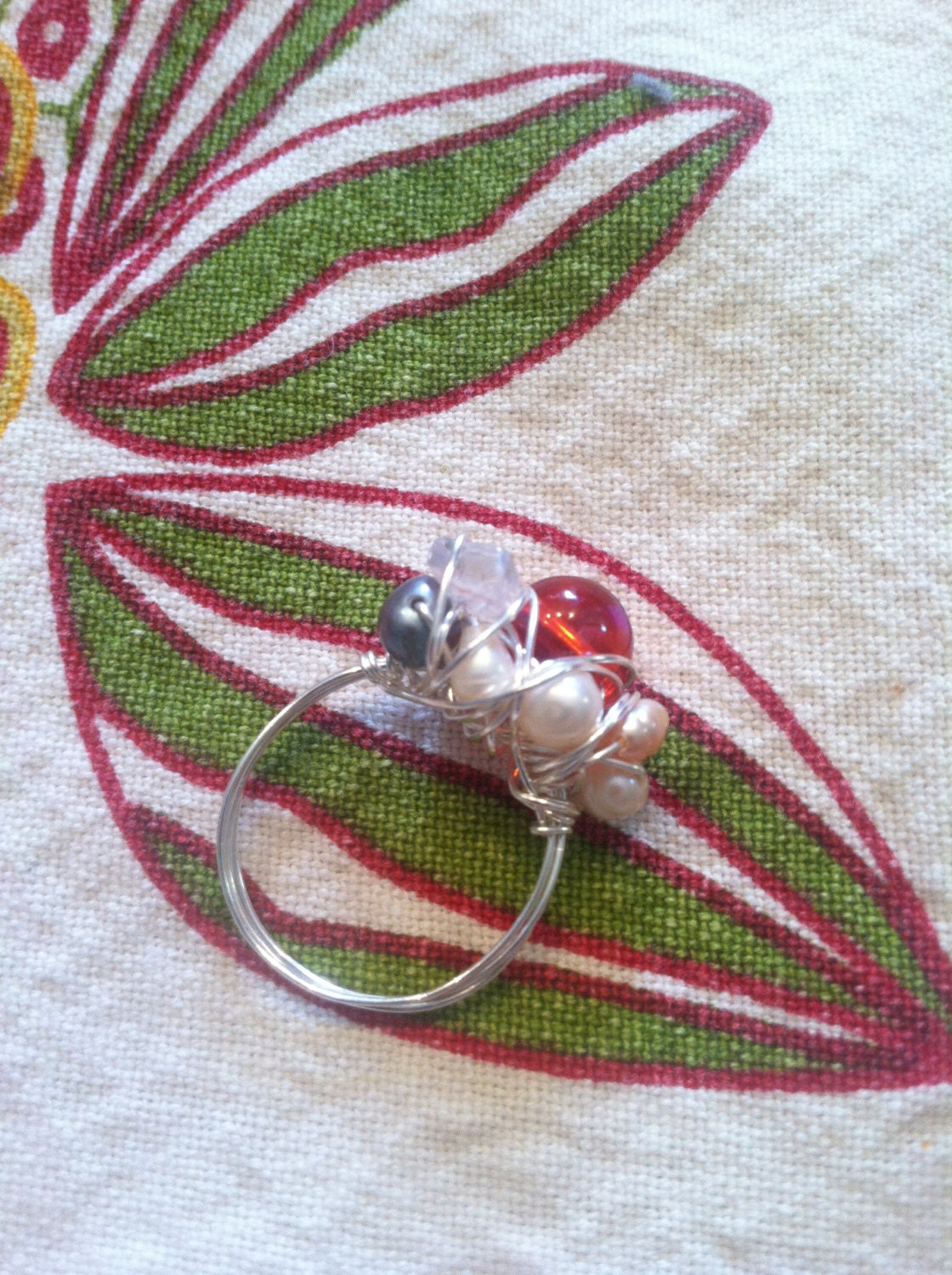 Gypsy Ring - Red glass, freshwater pearl, rose quartz silver wire-wrapped ring - size 7